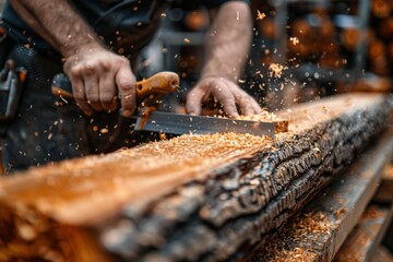 Craftsmanship in action during wood sawing at a workshop in the early morning light
