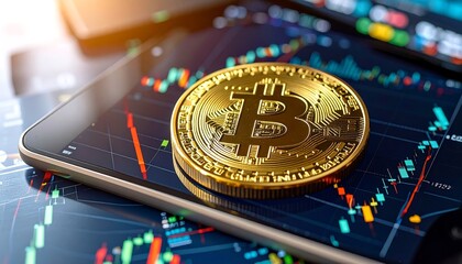 Golden Bitcoin coin on tablet, overlaid with stock charts