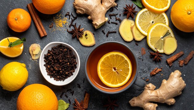 Autumn tea on the table, oranges, lemons, cloves, cinnamon, ginger, warming drink, top view.