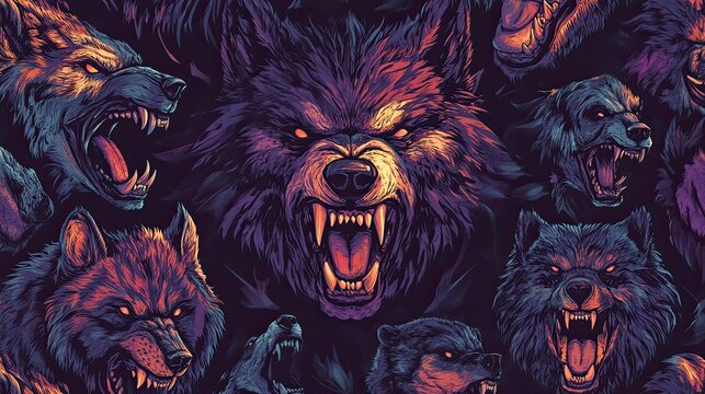 Vector seamless pattern with angry werewolves, aggressive bear heads, and sharp teeth in dark colors