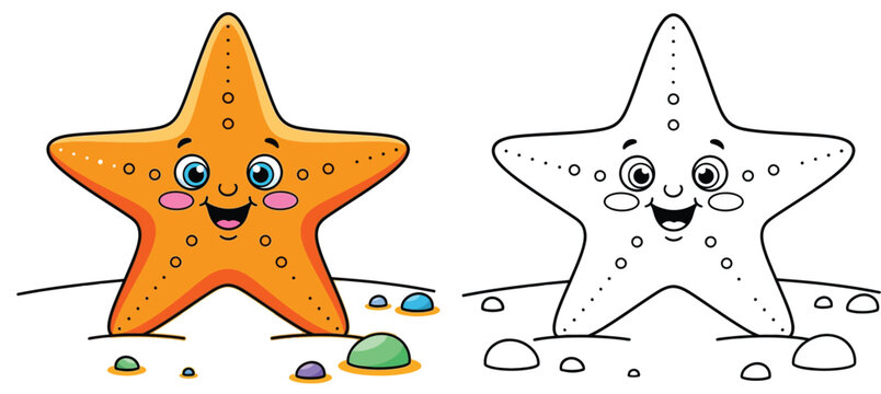 Cute Cartoon Starfish Coloring Page and Colored Version on Beach Sand - Playful Sea Animal Illustration for Kids
