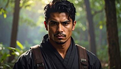 Close-up portrait of a man in a dark kimono, jungle background