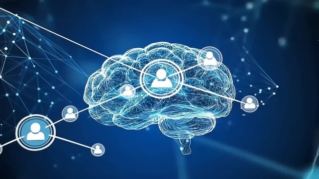 Digital representation of a brain interconnected with network nodes symbolizing knowledge sharing and technology