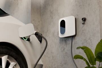 Electric car charging at a home wallbox; green status light at the port. Concrete wall, tidy cable and plant accent. Realistic 3D render for EV installation guides, ownership tips and clean-energy sto