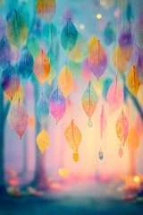 Whimsical Leaves Display: Delicate, rainbow-colored leaves suspended mid-air, evoke a sense of wonder and artistic expression in a soft-focus dreamscape.