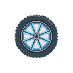 Obraz premium Modern stylized car wheel with blue alloy rim and black tire vector illustration