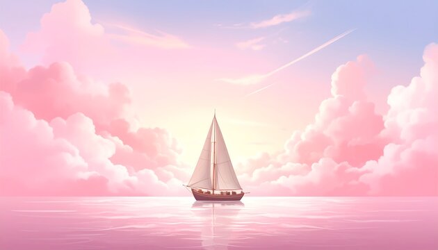 Pastel sailboat on a pink sunrise sea