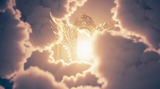 Christian biblical scene of Heaven gate with golden throne symbolizing second coming of Jesus.