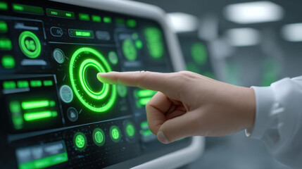Futuristic interface ai surgery diagnosis touchscreen control panel glowing green circular hud hand gesture precision hospital lab