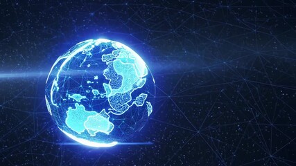 Blue digital Earth made of glowing nodes and lines against starry night sky, abstract futuristic design. - Powered by Adobe
