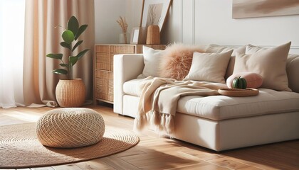 Cozy living room with a plush sofa, decorative pillows, throw blanket, and potted plant, bathed in soft natural light