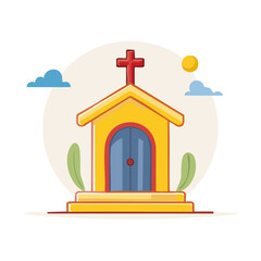 Stylized cartoon church illustration with red cross on a sunny day vector icon