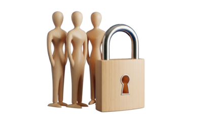 Three abstract wooden figurines guard a large wooden padlock on a reflective deep dark blue surface, crisp, minimalist, concept of data security and protection