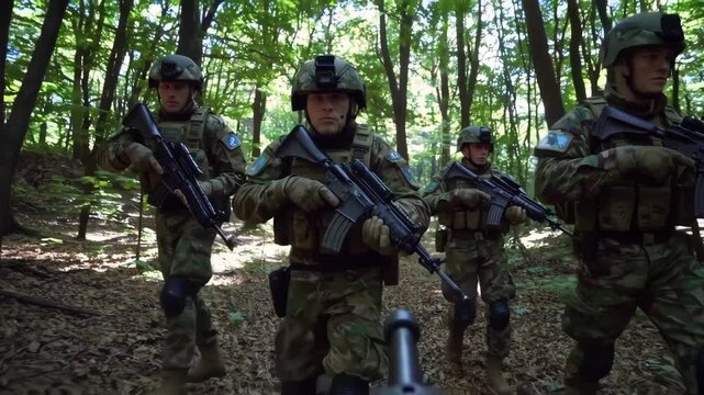 Military commando unit patrolling woodland area cautiously.