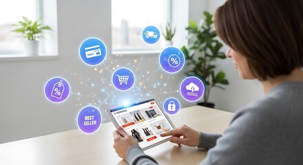 A woman uses a tablet for online shopping, surrounded by digital icons representing various aspects of ecommerce, showcasing the convenience and accessibility of modern retail