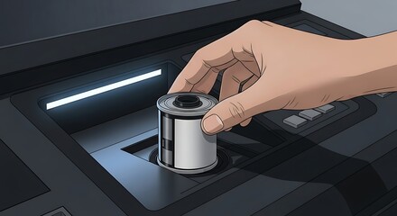 Anime Hand Carefully Places a Roll of Film into a Dark, Glowing Digital Film Scanner.