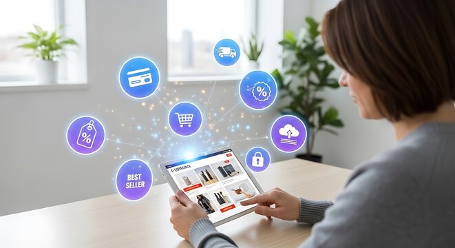 A woman uses a tablet for online shopping, surrounded by digital icons representing various aspects of ecommerce, showcasing the convenience and accessibility of modern retail