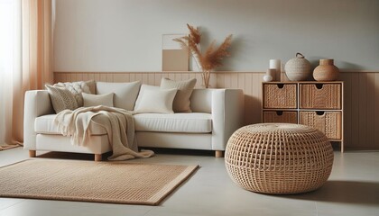 Cozy living room with a neutraltoned sofa, textured rug, woven pouf, and decorative storage unit