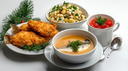 Traditional Scandinavian fish meal with fried fish creamy potato salad and red berry dessert served with soup on a white background