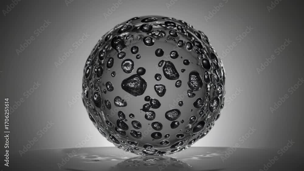 Poster a abstract black and white video of a textured glass sphere rotating with light reflecting on its su