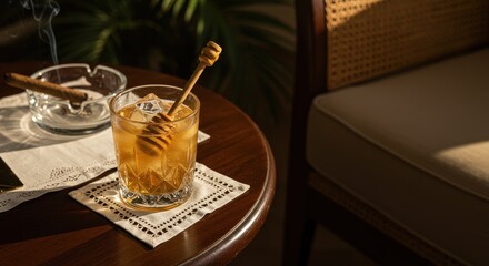 Whiskey cocktail with honey and a smoking cigar on a wooden table in a retro living room