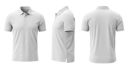 transparent men's polo shirts, short-sleeve, pique knit, two-button placket, split hem, front, side, back views, isolated on charcoal, studio shot, ghost mannequin, versatile apparel mockup