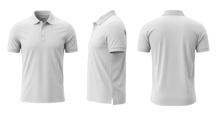 transparent men's polo shirts, short-sleeve, pique knit, two-button placket, split hem, front, side, back views, isolated on charcoal, studio shot, ghost mannequin, versatile apparel mockup