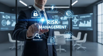 Businessman touching on screen with the words risk management surrounded by icons representing different aspects of risk management in a modern office environment