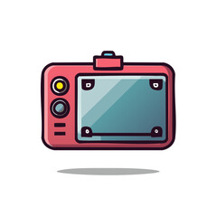 Cute pink digital camera illustration from the back, featuring a prominent screen and control buttons in cartoon style