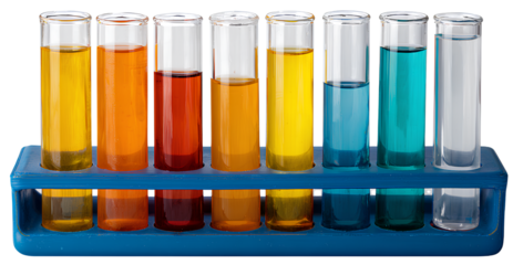 the test tubes on the blue tray contain liquids of different colors, with a transparent background