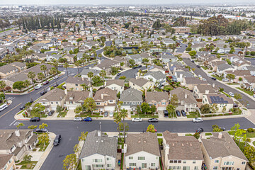 Carson, Los Angeles LA County, CA, California, May 9, 2024: Aerial Drone City View toward...