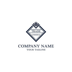 An elegant logo design featuring a crowned diamond emblem with the words Trade and Commerce for a business.