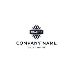 A modern and professional logo design for a trading company featuring a geometric shield, arrows, and placeholder text.