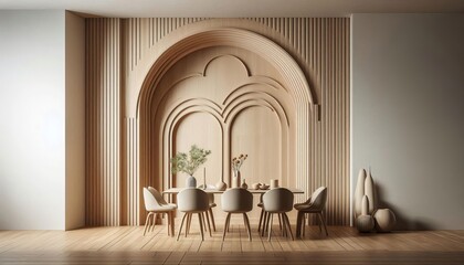 Elegant dining room with a beautifully carved wooden wall and a table set for a meal, creating a sophisticated ambiance