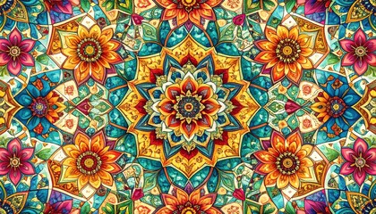 Vibrant, intricate, symmetrical floral pattern
