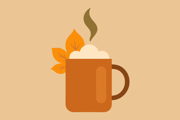 Cozy autumn mug with steaming drink and fall leaves