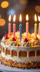 Birthday cake with colorful candles and strawberries