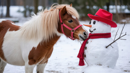 Adorable Pony Sniffs Carrot Nose of Snowman in Winter Wonderland Scene with Snowy Backdrop