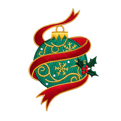 Ornate Christmas Ornament with Ribbon on transparent background