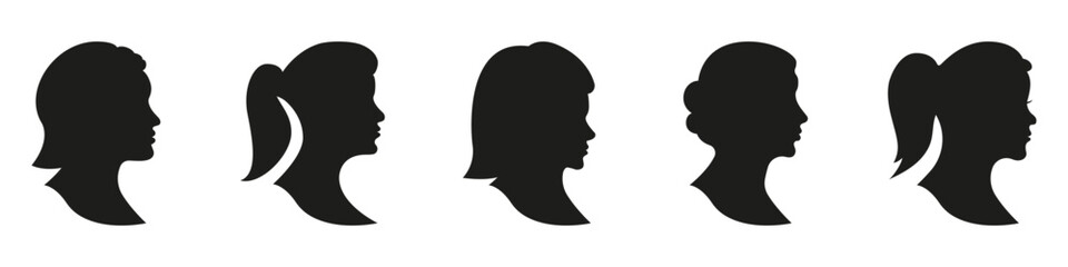 Female Side Profile Avatars with Different Hairstyles Silhouettes Solid Icon Set. Woman Identity Icons for Contact, Account and User Interface Silhouette Collection. Isolated Vector Illustration