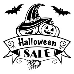 Halloween with stylized witch hat, smiling pumpkins and bloody or melted coloring page vector black on white background