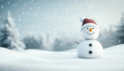 Fototapeta premium Winter Wonderland Christmas Greeting Card Featuring Snow Product Display, Copy Space, And Adorable Snowman In Snowy Landscape With Falling Snow
