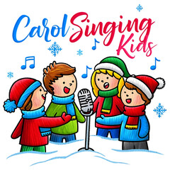 Cartoon Carol Singing Kids with Microphone on transparent background