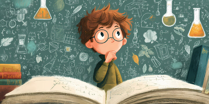 A whimsical open storybook illustration in a playful cartoon style with magical elements and a dreamy atmosphere for childrens books and creative projects