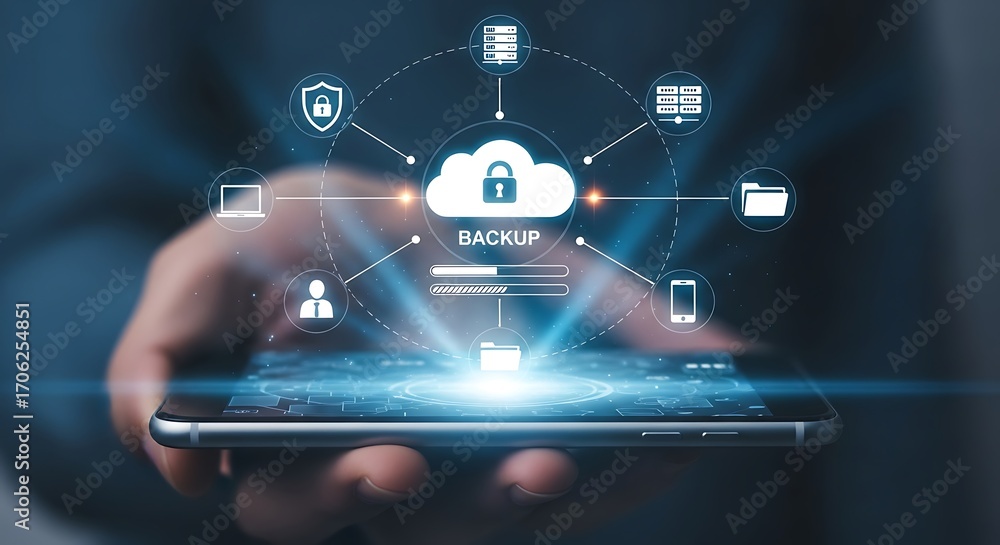 Aufkleber a man is holding a smartphone with a cloud icon and a lock on the screen, representing data backup a