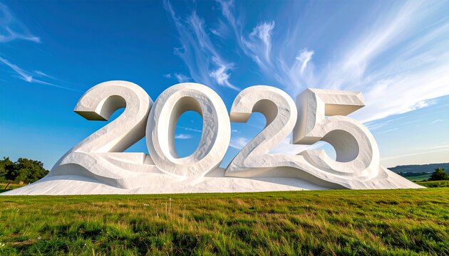 Giant 2025 numerals standing proudly in a green field under a blue sky