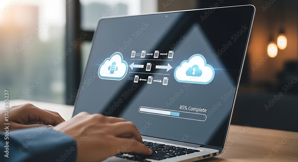 Poster closeup of hands using a laptop with cloud computing icons, representing data transfer, network conn