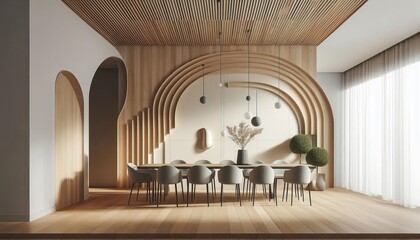Modern dining room with arched wooden details and elegant chandelier, showcasing a stylish table setting