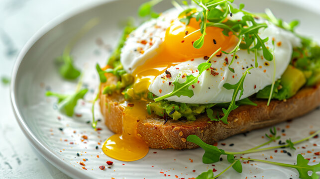 Gourmet Avocado Toast With Poached Egg And Microgreens