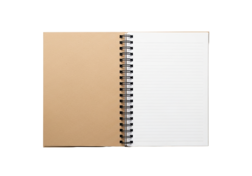 Open spiral-bound notebook, brown craft paper cover, blank white ruled pages, black metal spiral, flat lay on transparent background, generous copy space, concept of planning and ideas.